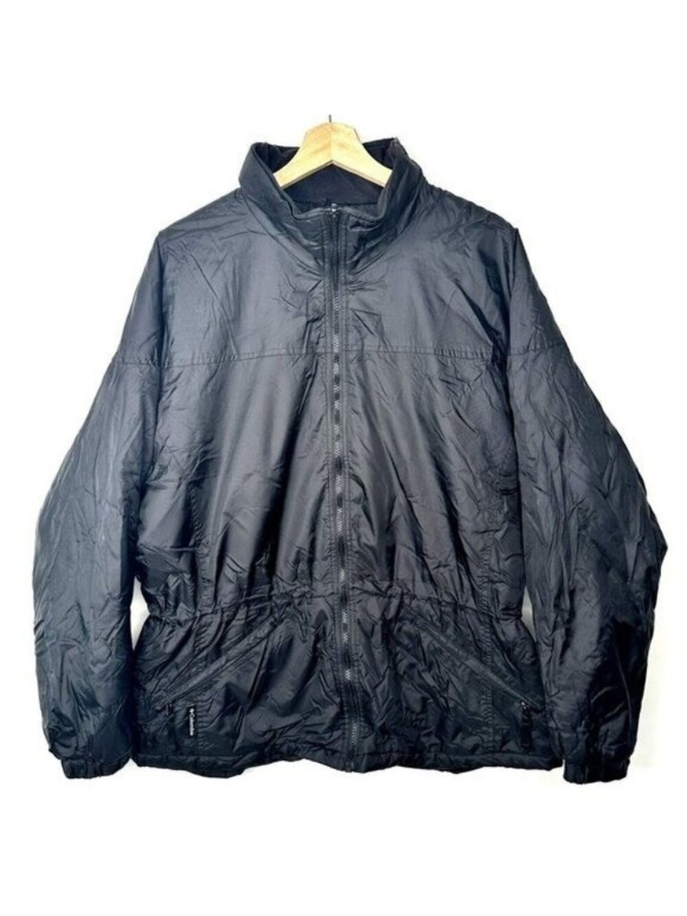 Vintage Columbia Windbreaker Jacket Womens L Black Y2K Cinch Waist Full Zip
